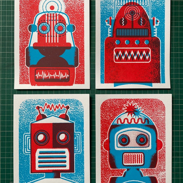 Robot Set of 4 Mini Screen Prints, Kids Bedroom, Nursery Decor, Retro Vintage Poster Prints, Children’s Wall Art