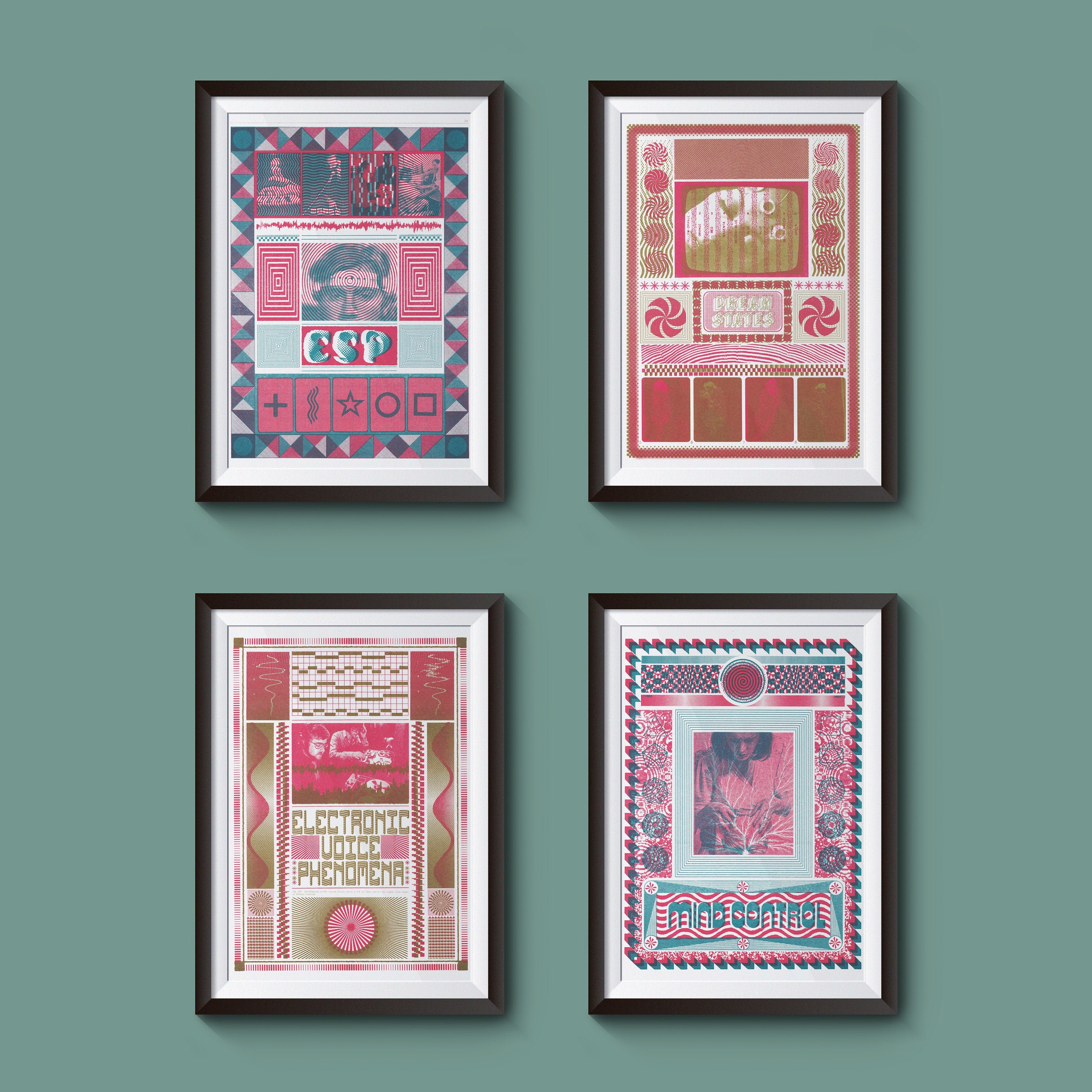 Phenomena Set of 4 Risograph Prints Teal Red and Gold A4 - Etsy