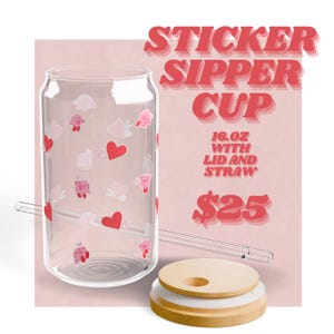 Sipper Cup, Heart Kirby Pink 16oz Sipper Glass, Tumbler, Drinkware, Gift, Kitchen Decor, Valentine&#39;s Day Present