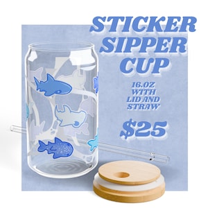 Kawaii Shark Sipper Glass - Fun 16oz Cup for Shark Lovers, Cute Sea Creature Design, Drinking Tumbler, Ocean Theme Gift, Summer Party