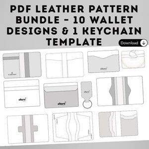 May include: A collection of wallet and keychain leather pattern templates. The image displays various wallet designs and a keychain template, all in a minimalist style. The text "PDF LEATHER PATTERN BUNDLE - 10 WALLET DESIGNS & 1 KEYCHAIN TEMPLATE" is visible.