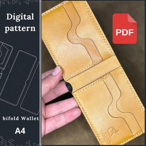 May include: A tan leather bifold wallet with visible stitching and card slots. The wallet is open, showcasing its interior design. The image includes the text "Digital pattern", "bifold Wallet", and "A4". A red square with "PDF" is in the corner.