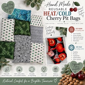 May include: A collection of rectangular fabric bags filled with cherry pits, featuring various patterns including green trees, white daisies, blue tie-dye, and black pumpkins. Text includes Hand Made Reusable Heat/Cold Cherry Pit Bags.