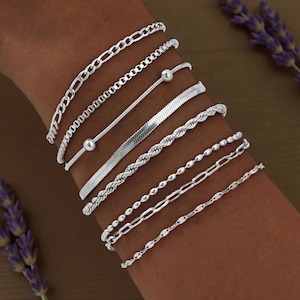 Conjunto de pulseras de cadena de plata para mujer, pulseras de acero inoxidable en capas, joyería minimalista.