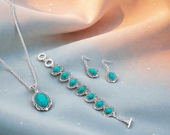 Conjunto de joyas turquesas para mujer, 3 piezas, collar, pulsera y pendientes, regalo bohemio de verano.