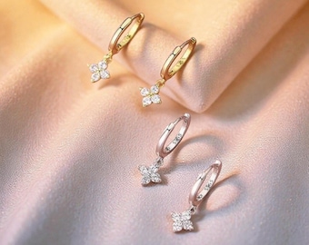 Sterling Silver Four Leaf Clover Hoop Earrings, Lucky Dainty Jewelry, Gift for Her