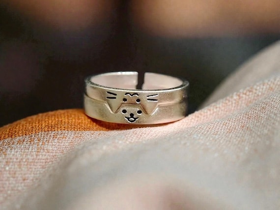 Cat & Dog Adjustable Ring, Animal Lover Jewelry for Couples