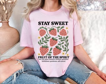 Boho Strawberry Christian T-Shirt: Fruits of the Spirit, Cottagecore Top