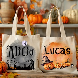 Personalisierte Halloween Tragetasche Kundenspezifische Kürbis Hexe Schwarze Katze Schloss Skeleton Geist Canvas Einkaufstasche für Süßes oder Saures Goodie Geschenktaschen