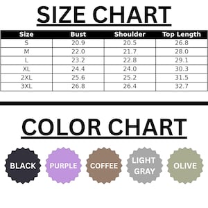 The image is a size chart and color chart for clothing items. The size chart displays the bust, shoulder, and top length measurements for different sizes, ranging from S to L. The color chart shows the corresponding color of the clothing item, with the colors listed as Black, Purple, Coffee, Light Gray, and Olive.