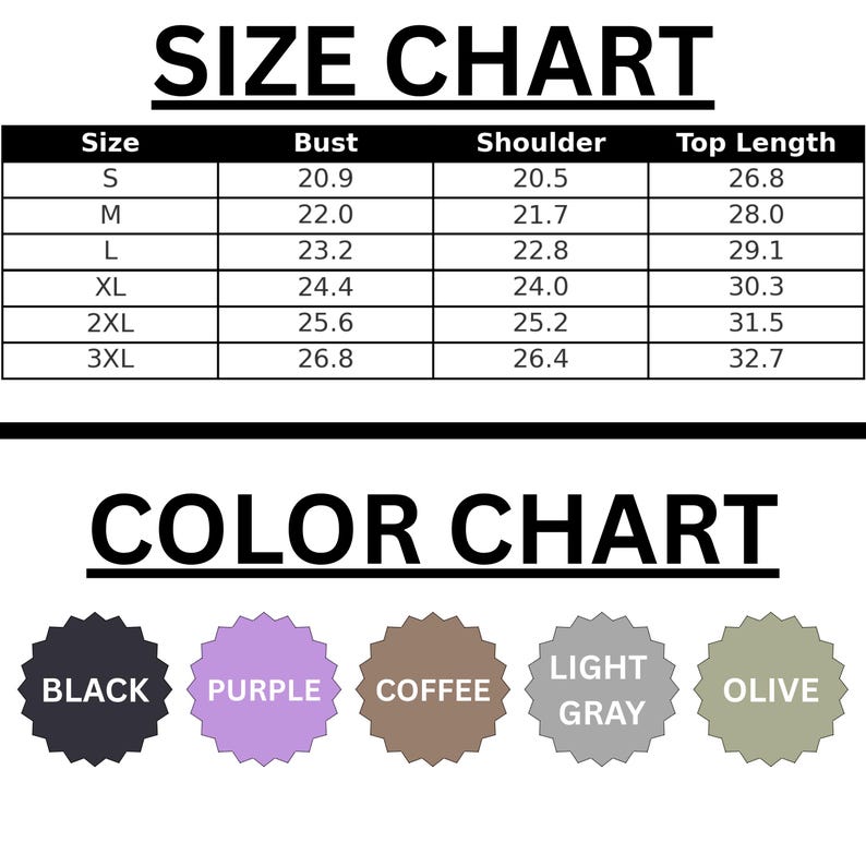 The image is a size chart and color chart for clothing items. The size chart displays the bust, shoulder, and top length measurements for different sizes, ranging from S to L. The color chart shows the corresponding color of the clothing item, with the colors listed as Black, Purple, Coffee, Light Gray, and Olive.