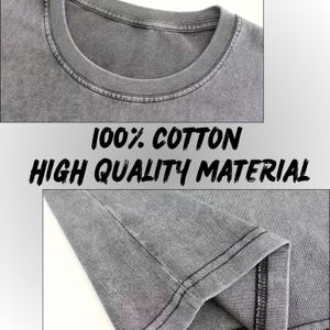 The image is a collage of two photos showing a gray cotton t-shirt. The text overlay on the image states "100% COTTON HIGH QUALITY MATERIAL".