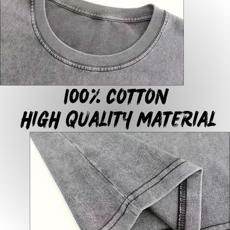 The image is a collage of two photos showing a gray cotton t-shirt. The text overlay on the image states "100% COTTON HIGH QUALITY MATERIAL".