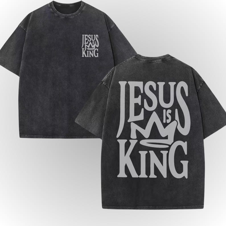A black t-shirt with white text on the back, which says "JESUS IS KING".