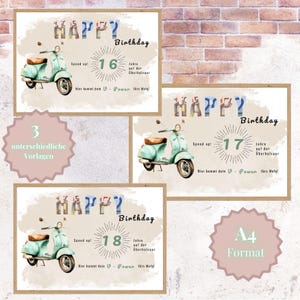Retro Mofa Cash Gift Set Verjaardag (16,17,18 jaar) Download | Voor jongens, meisjes, dochter, zoon, kleinzoon, kleindochter | A4 DIY cash cadeaubon