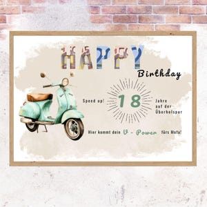 Retro Mofa Cash Cadeau 18e Verjaardag, Downloaden | Voor Jongens, Meisjes, Dochter, Zoon, Kleinzoon, Kleindochter | Rijbewijs, A4 DIY Cash Cadeaubon,