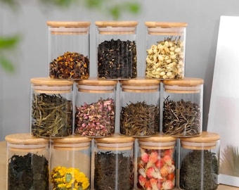 Glass Jars with Bamboo Lids: Airtight Kitchen Storage, Herb Spice Containers
