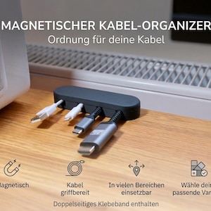 Op de afbeelding: Een zwarte magnetische kabelorganizer met vier sleuven voor diverse oplaadkabels. De tekst luidt MAGNETISCHER KABEL-ORGANIZER, Ordnung für deine Kabel, Magnetisch, Kabel griffbereit, In vielen Bereichen einsetzbar, Wähle deine passende Variante en Doppelseitiges Klebeband enthalten.