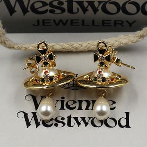 Vintage In Box 925 Silver Plated With 18K Gold Vivienne Westwood Earrings,CZ Diamond Pearl Saturn Drop Earrings,Gifts for Her