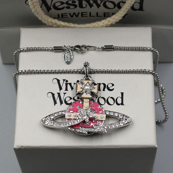 Vintage In Box 925 Silver Vivienne Westwood Necklace,CZ Diamond Pink Saturn Pendant,Gifts for Her