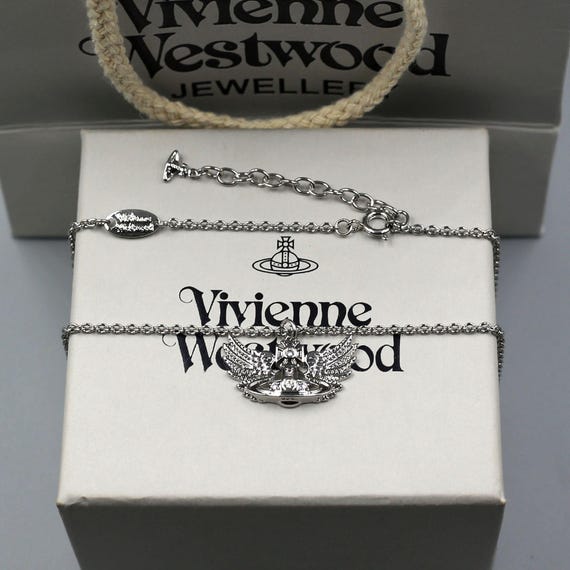 Vintage In Box 925 Silver Vivienne Westwood Necklace,Angel Wings CZ Diamond Saturn Pendant,Gifts for Her