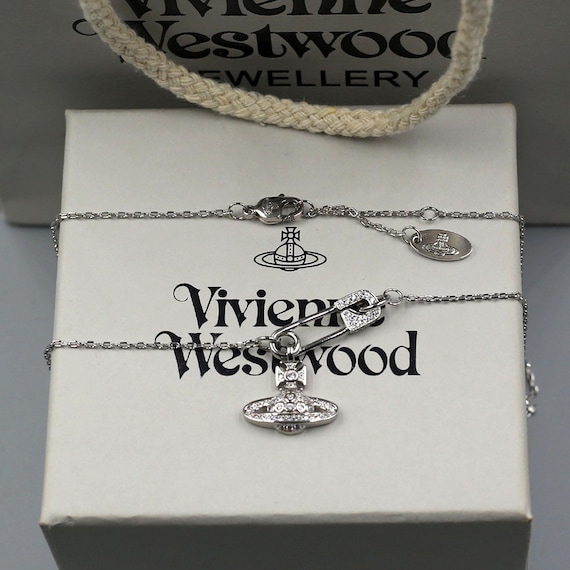 Vintage In Box 925 Silver Vivienne Westwood Necklace,Pin CZ Diamond Saturn Pendant,Gifts for Her