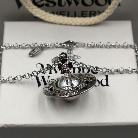 Vintage In Box 925 Silver Vivienne Westwood Necklace,Large CZ Diamond Metal Ball Saturn Pendant,Gifts for Her