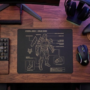 Mousepad em couro PU com estampa da armadura Starshell | Decoração de escritório Red Rising Universe | Presente Helldiver | Mousepad gamer antiderrapante