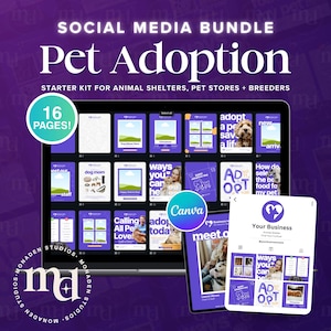 Könnte beinhalten: Ein digitales Social-Media-Bundle für die Tieradoption mit 16 Seiten Vorlagen für Tierheime, Tierhandlungen und Züchter. Das Design umfasst einen Laptop und ein Tablet, die verschiedene Layouts mit dem Text "Pet Adoption" anzeigen.