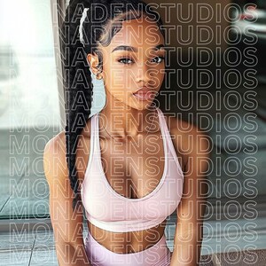 May include: A woman with long black braids wears a pink sports bra and matching leggings. The image is overlaid with the text "NADEN STUDIOS" repeated multiple times.