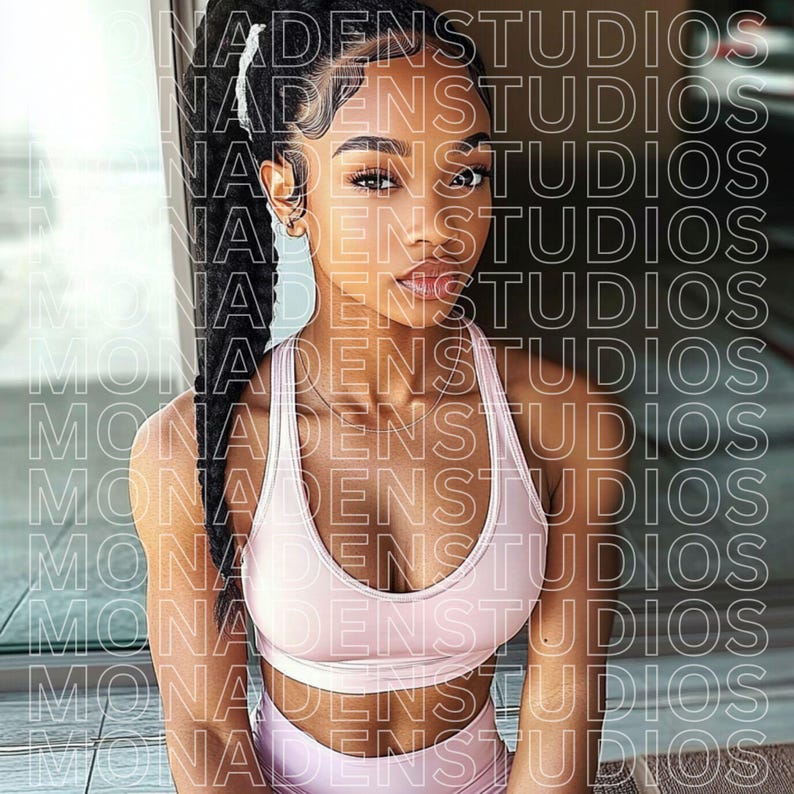 May include: A woman with long black braids wears a pink sports bra and matching leggings. The image is overlaid with the text "NADEN STUDIOS" repeated multiple times.