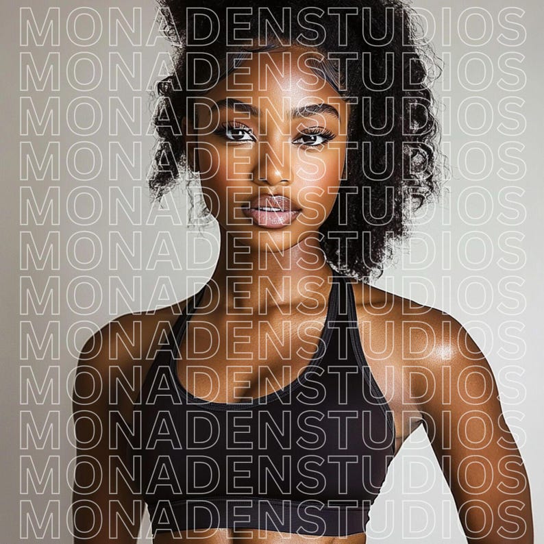 May include: A woman with dark curly hair is wearing a black sports bra. The background is a light gray color. The text "MONADENSTUDUOS" is repeated in a white outline over the image.
