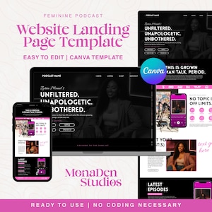 May include: A website landing page template with a feminine podcast theme. The design features a laptop and smartphone displaying the website layout. The template includes the text "Website Landing Page Template" and "Easy to Edit | Canva Template".