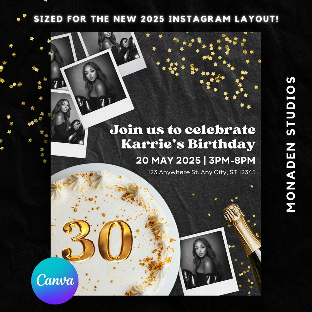 30th Birthday Celebration Invitation, Black & Gold Canva Template ...