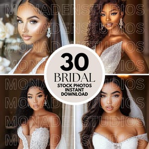 Może przedstawiać: Kolaż czterech zdjęć przedstawiających panny młode w białych sukniach ślubnych. Obraz centralny zawiera koło z tekstem "30 Bridal Stock Photos Instant Download".