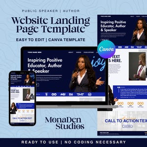 Könnte beinhalten: Eine Website-Landingpage-Vorlage für Redner und Autoren. Das Design zeigt einen Laptop, ein Smartphone und zusätzliche Layouts. Die Vorlage enthält den Text "Inspiring Positive Educator, Author & Speaker" und ist einfach mit Canva zu bearbeiten.