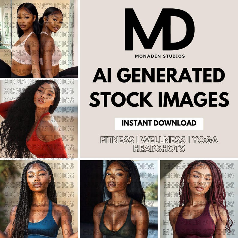 May include: A collage of four images featuring women of color with different hairstyles and clothing. The images are set against a neutral background. The text "MD MONADEN STUDIOS AI GENERATED STOCK IMAGES INSTANT DOWNLOAD FITNESS I WELLNESS I YOGA HEADSHOTS" is displayed in black text on a light brown background.