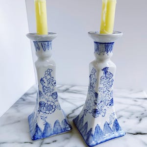 Blue Chinoiserie Candle Holders: Vintage Hand-Painted Porcelain Pair