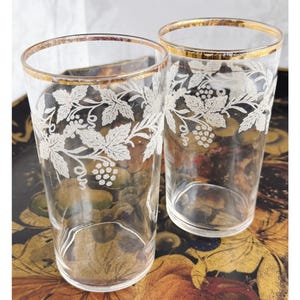 Vintage Bartlett Collins Frosted Grapevine Glass Tumbler - Gold Rimmed Barware