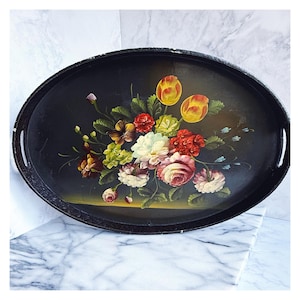 Vintage Hand-Painted Tray with Floral Design - Antique Serving Tray Decorative Wall Art kitchen home decor black flower tole inspired