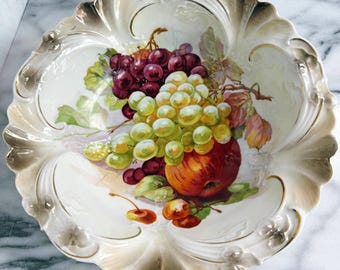 Vintage Hand-Painted Porcelain Fruit Bowl: Scalloped Gold Trim, Iridescent Finish - German Porcelain