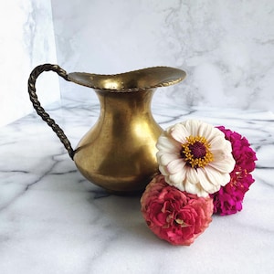 Vintage Indian Brass Pitcher Hand made Small solid Jug Rustic Home Decor Unique Vase Creamer India twisted handle patina flower decorative