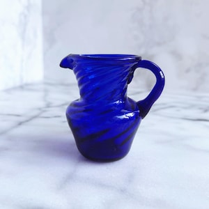 Vintage Cobalt Blue Swirl Mexican Art Glass Creamer Pitcher - Hand Blown - small vase