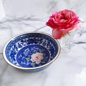 Vintage Chinoiserie Blue & White Bowl with Raised Pink Peony Andrea by Sadek asian inspired trinket dish display flower Japanese small rice