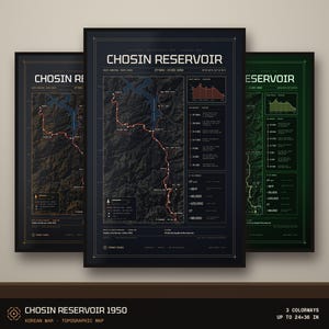 May include: Three framed topographic maps of the Chosin Reservoir, Korean War, 1950. Each print features a dark background with detailed terrain, a red route line, elevation charts, and historical data. The text reads Chosin Reservoir, 27 Nov - 13 Dec 1950.