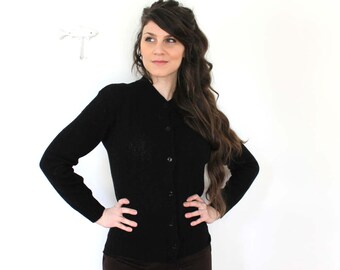 60s Black Cardigan / 1960s 1950s Black Knit Cardigan