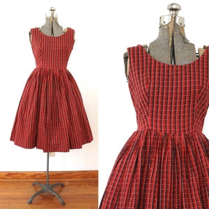 1950s Dress / 50s Dress / 1950s Red Plaid Full Skirt Dress