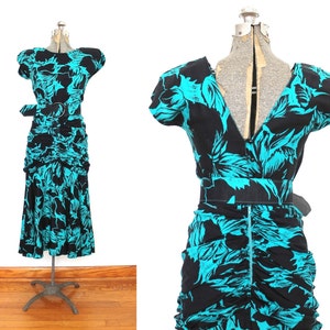 80s Does 1940s Dress / 1980s 40s Style Turquoise and Black Rayon Floral Dress