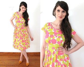 50s Dress / 1950s Pink and Chartreuse Bubble Polka Dot  Dress