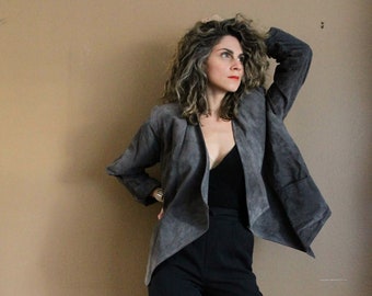 1980s Gray Suede Jacket / 1980s 80s Cropped Gray Jacket Blazer with Shoulder Pads